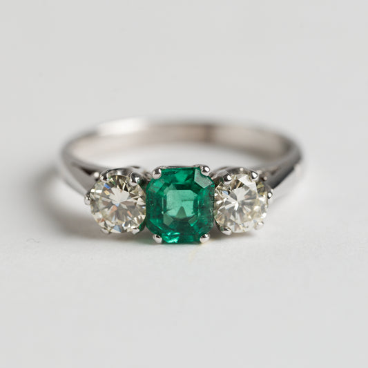 Emerald and Diamond three stone ring