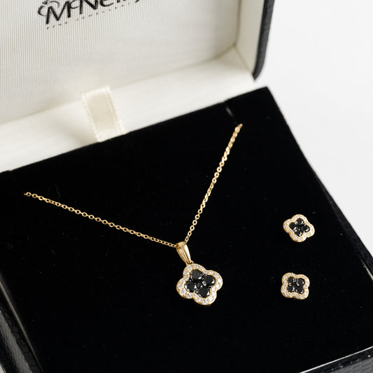 18ct Yellow Gold Diamond/Black Diamond Pendant and Earstud set