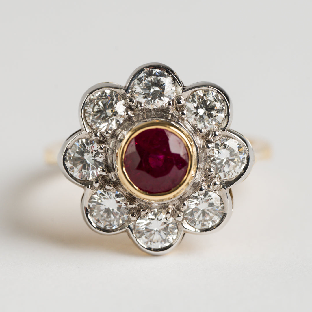 Ruby and Diamond cluster ring