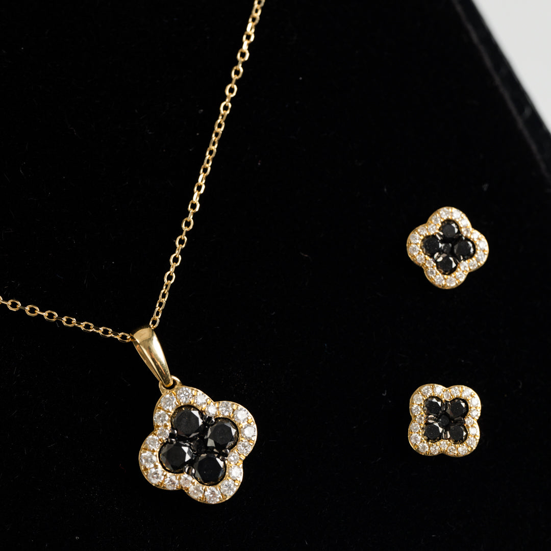18ct Yellow Gold Diamond/Black Diamond Pendant and Earstud set